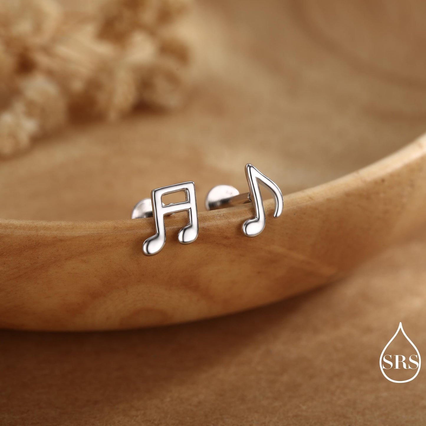 Internally Threaded Music Notes Flat Back Earrings in Sterling Silver, Mismatched Music Symbol Stud Earrings, Fun Earrings for Music Lover