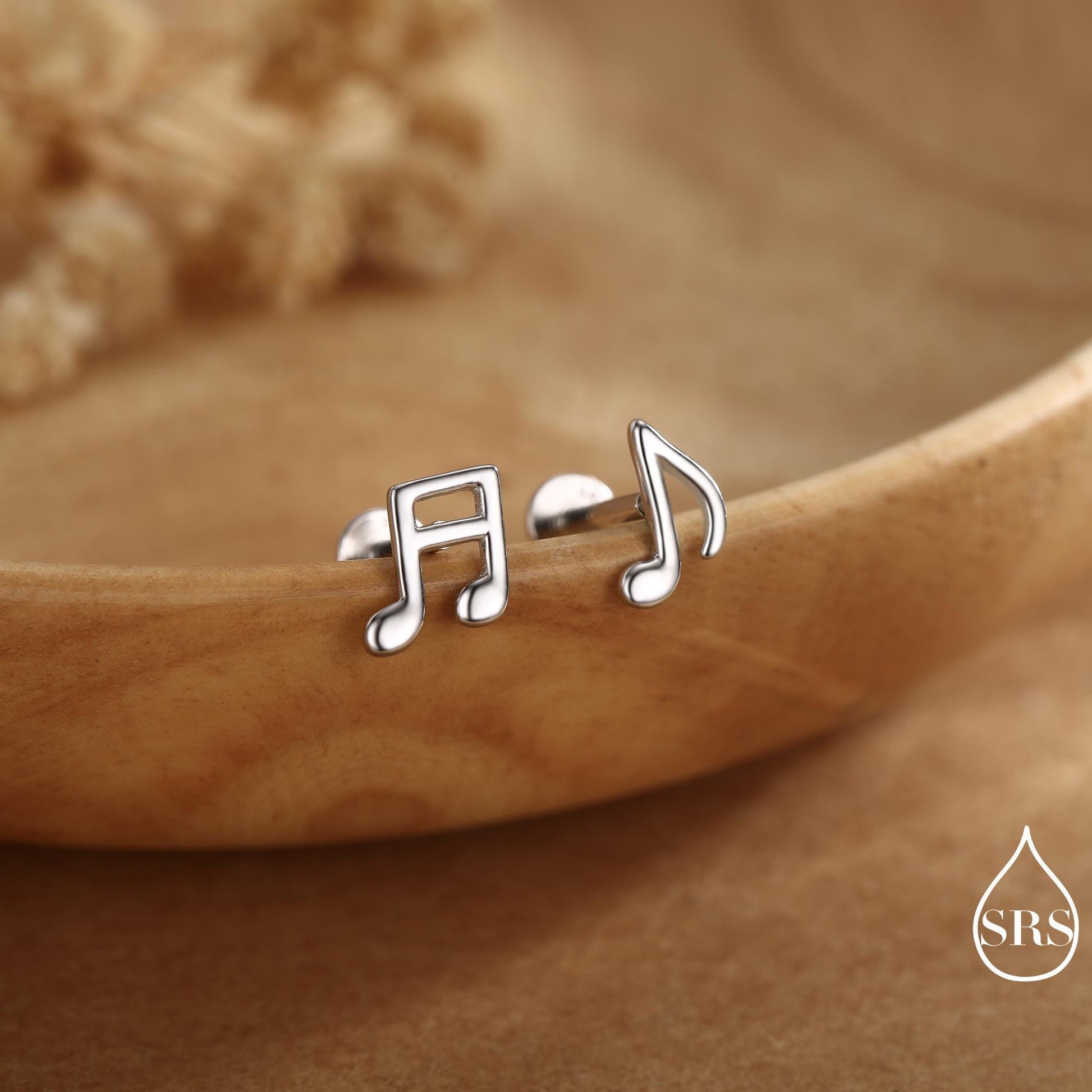 Music Notes Screw Back / Flat Back / Stud Earrings in Sterling Silver, Mismatched Music Symbol Stud Earrings