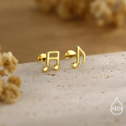 Internally Threaded Music Notes Flat Back Earrings in Sterling Silver, Mismatched Music Symbol Stud Earrings, Fun Earrings for Music Lover