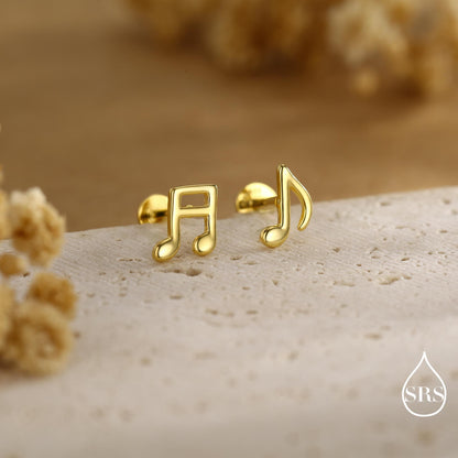 Music Notes Screw Back / Flat Back / Stud Earrings in Sterling Silver, Mismatched Music Symbol Stud Earrings