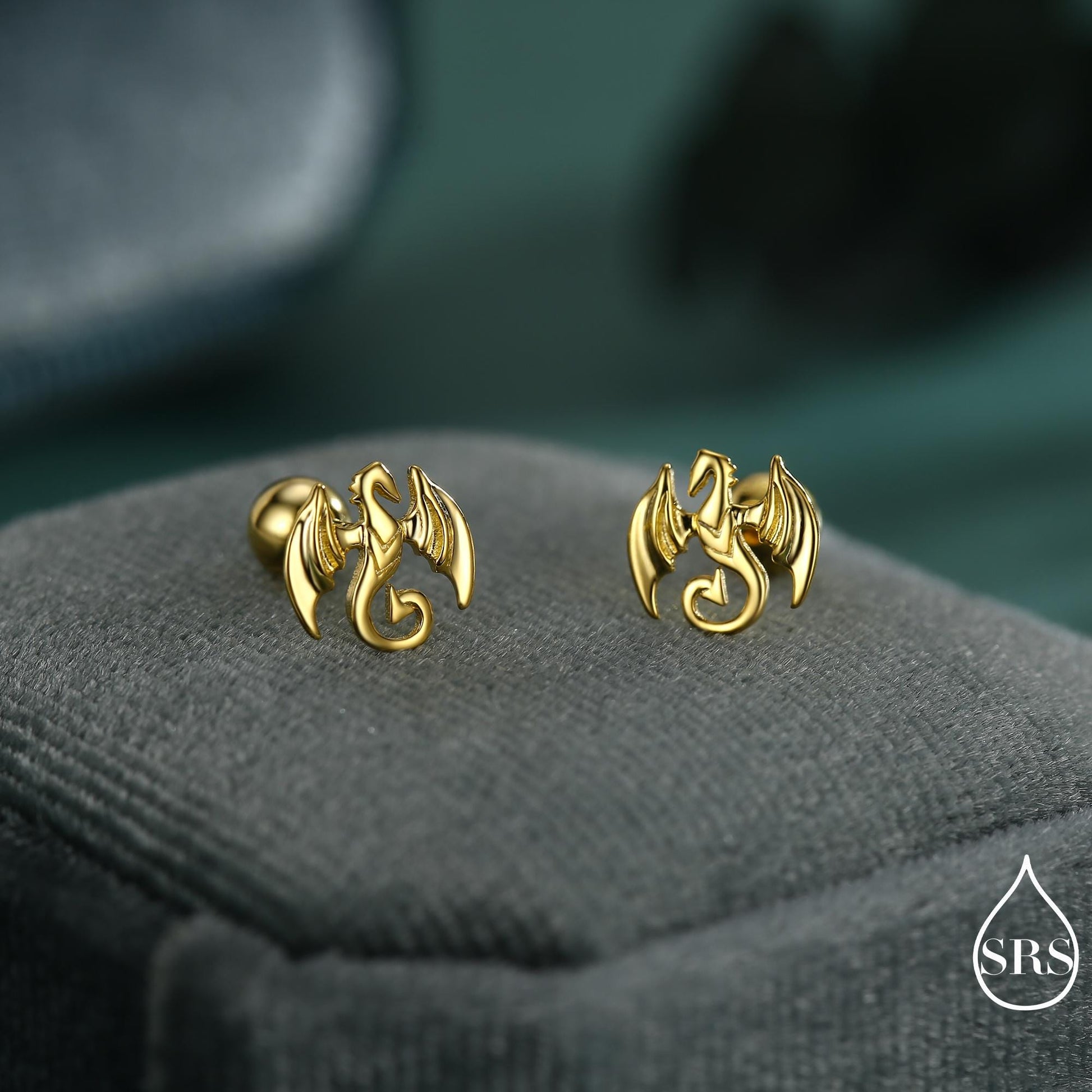Dragon Internally Threaded Flat Back / Screw Back / Stud Earrings in Sterling Silver, Silver or Gold or Rose Gold Finish