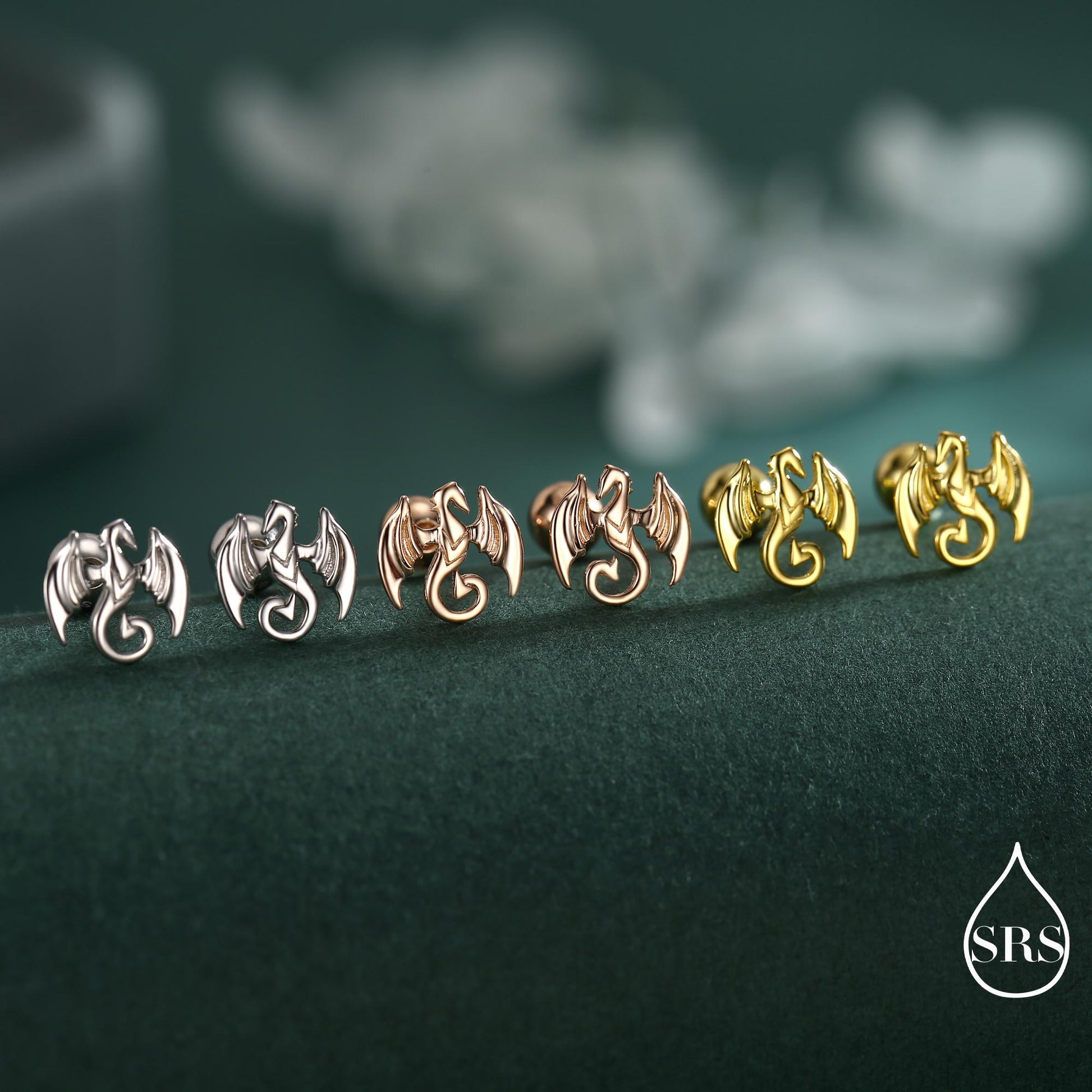Dragon Internally Threaded Flat Back / Screw Back / Stud Earrings in Sterling Silver, Silver or Gold or Rose Gold Finish