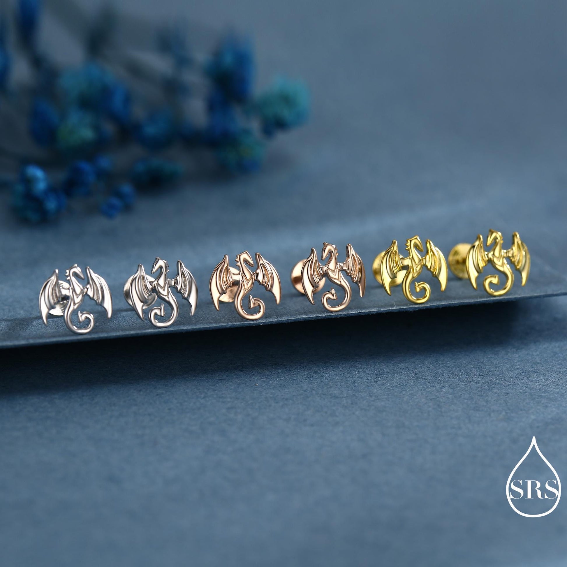 Dragon Internally Threaded Flat Back / Screw Back / Stud Earrings in Sterling Silver, Silver or Gold or Rose Gold Finish