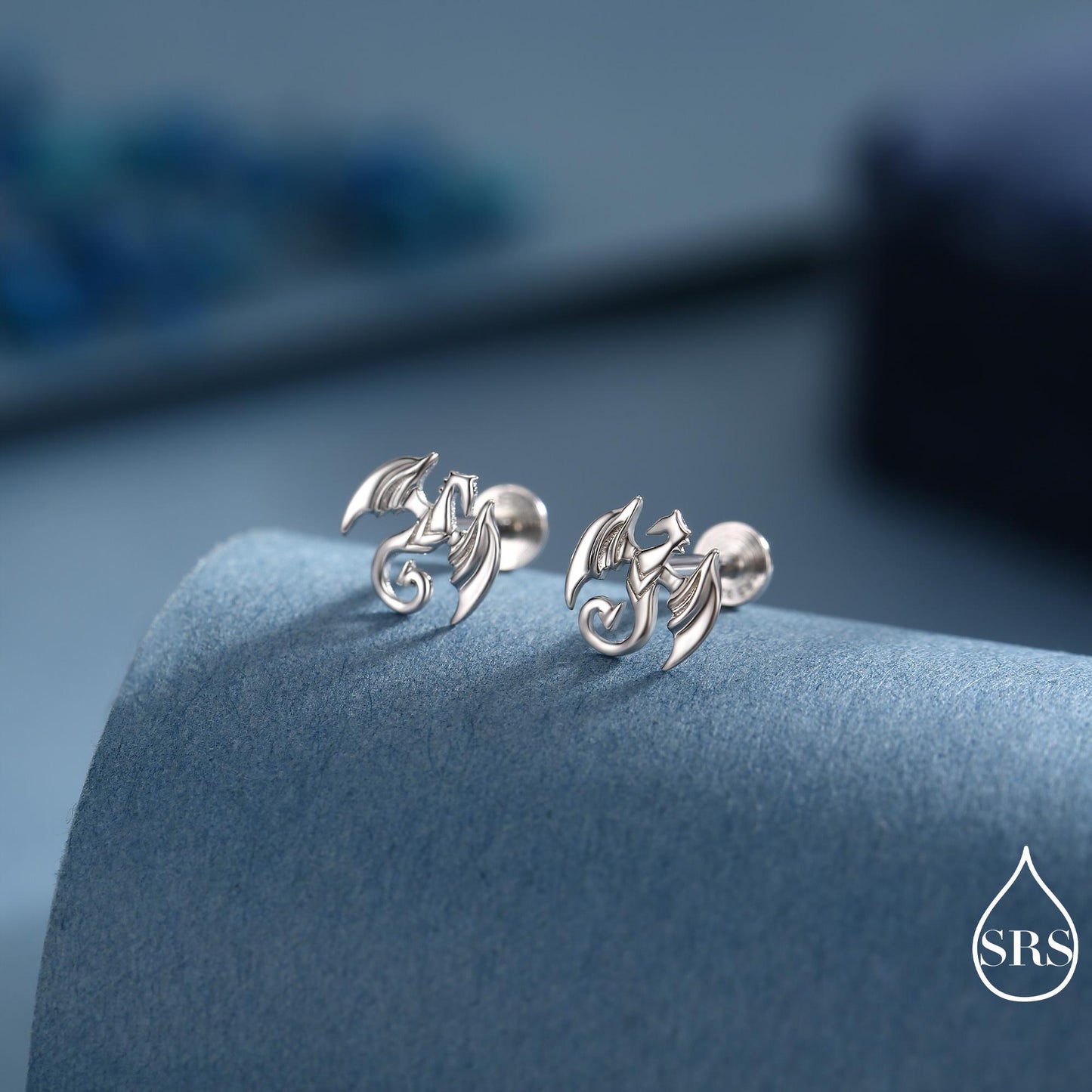Dragon Internally Threaded Flat Back / Screw Back / Stud Earrings in Sterling Silver, Silver or Gold or Rose Gold Finish