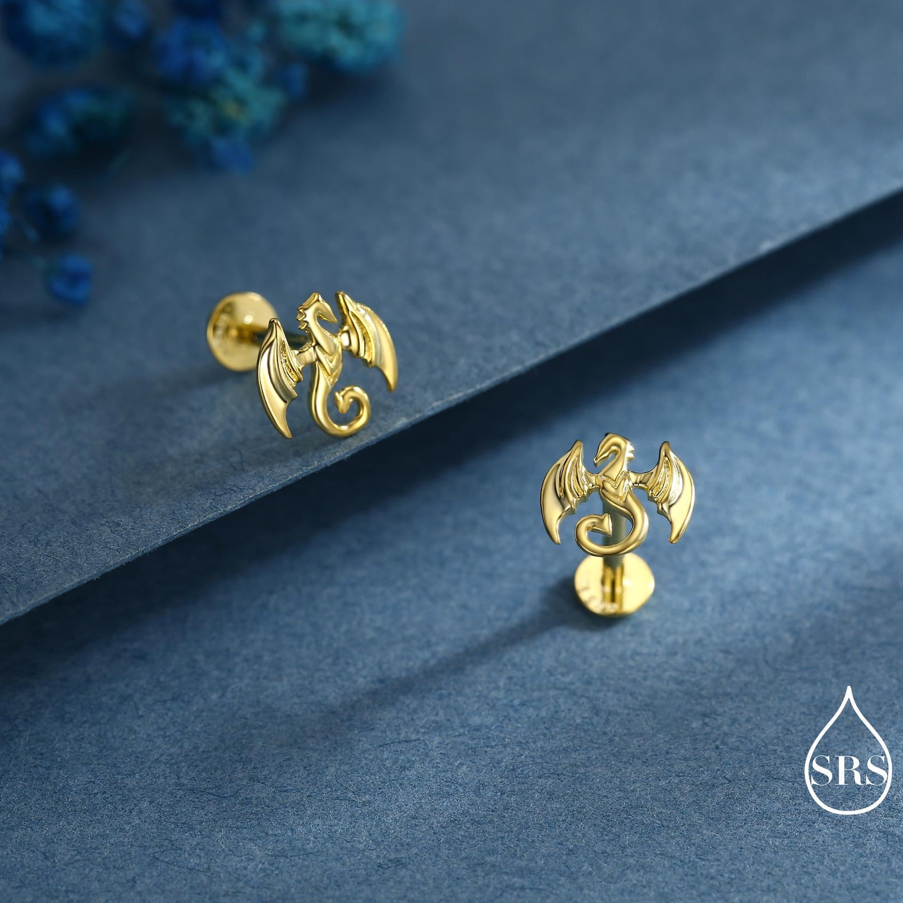 Dragon Internally Threaded Flat Back / Screw Back / Stud Earrings in Sterling Silver, Silver or Gold or Rose Gold Finish