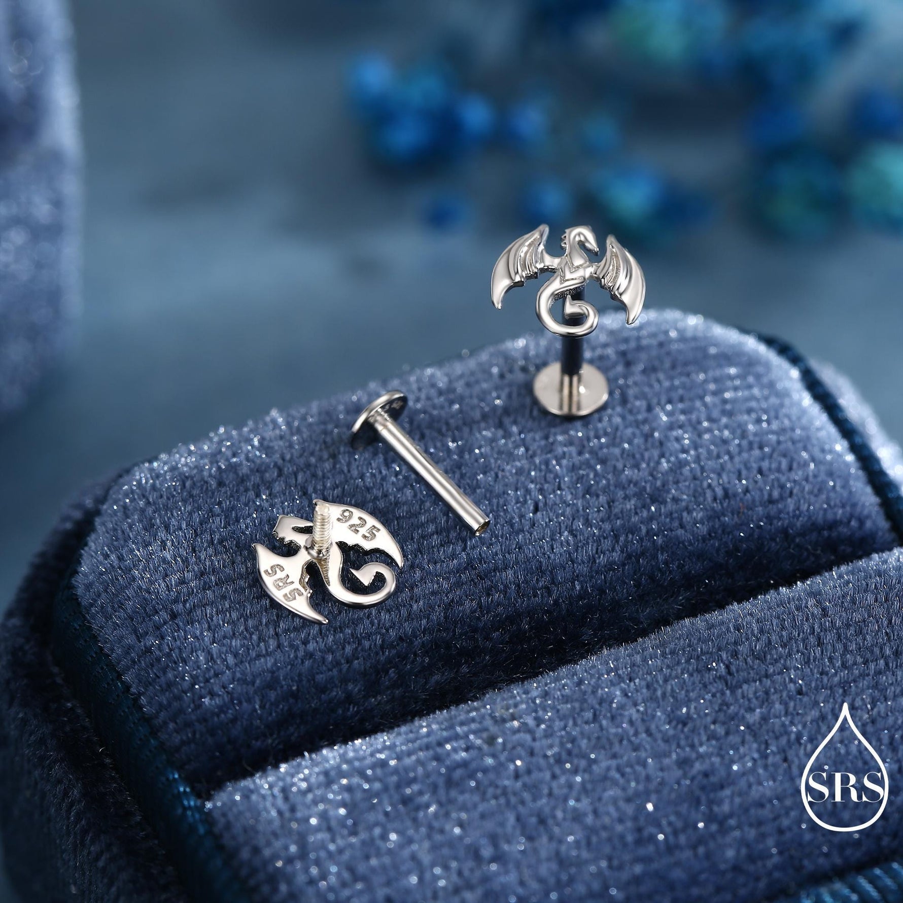 Dragon Internally Threaded Flat Back / Screw Back / Stud Earrings in Sterling Silver, Silver or Gold or Rose Gold Finish
