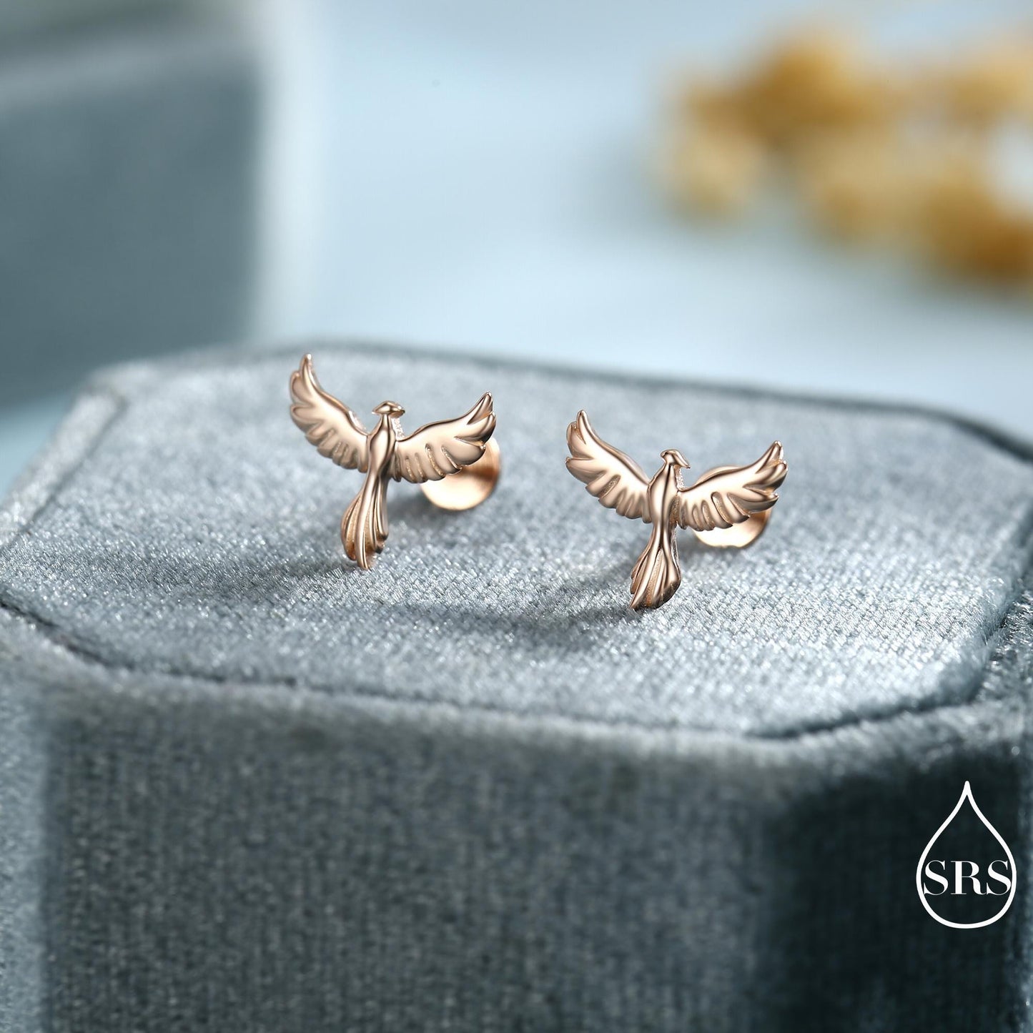 Phoenix Screw Back /Flat Back /Stud Earrings in Sterling Silver, Silver or Gold or Rose Gold Finish, Phoenix Earrings