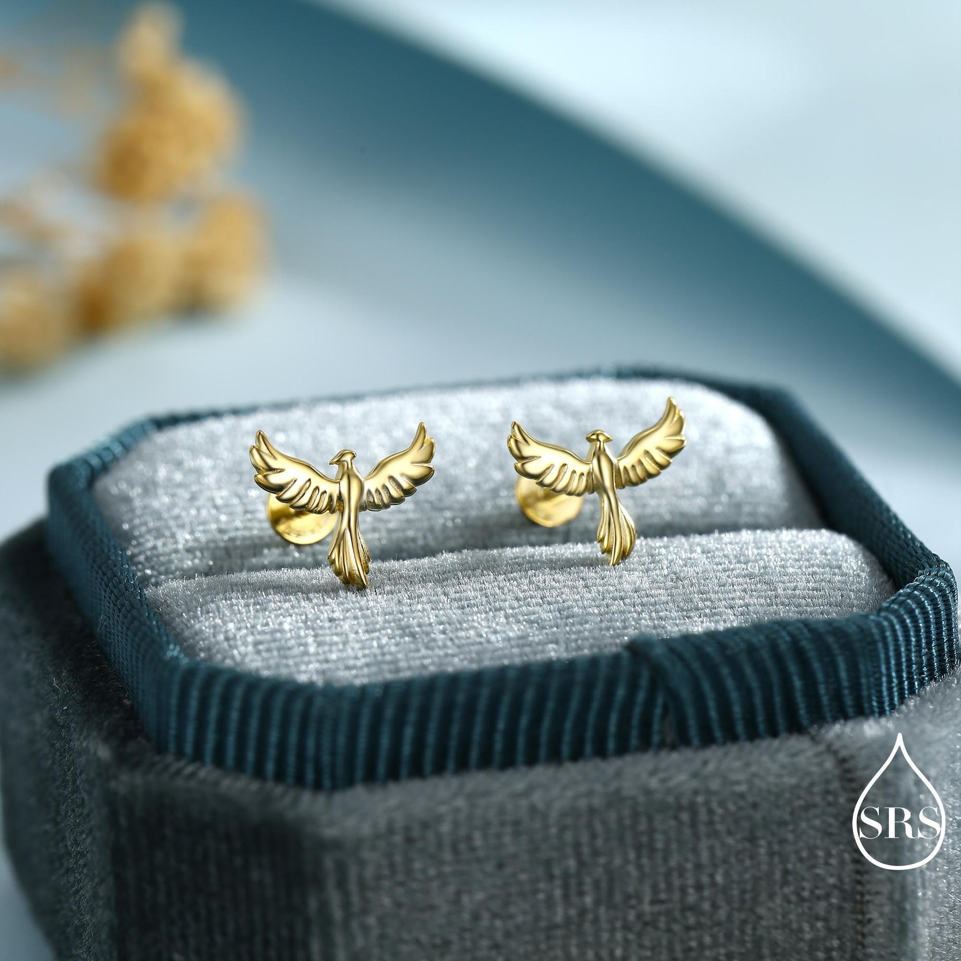 Phoenix Screw Back /Flat Back /Stud Earrings in Sterling Silver, Silver or Gold or Rose Gold Finish, Phoenix Earrings