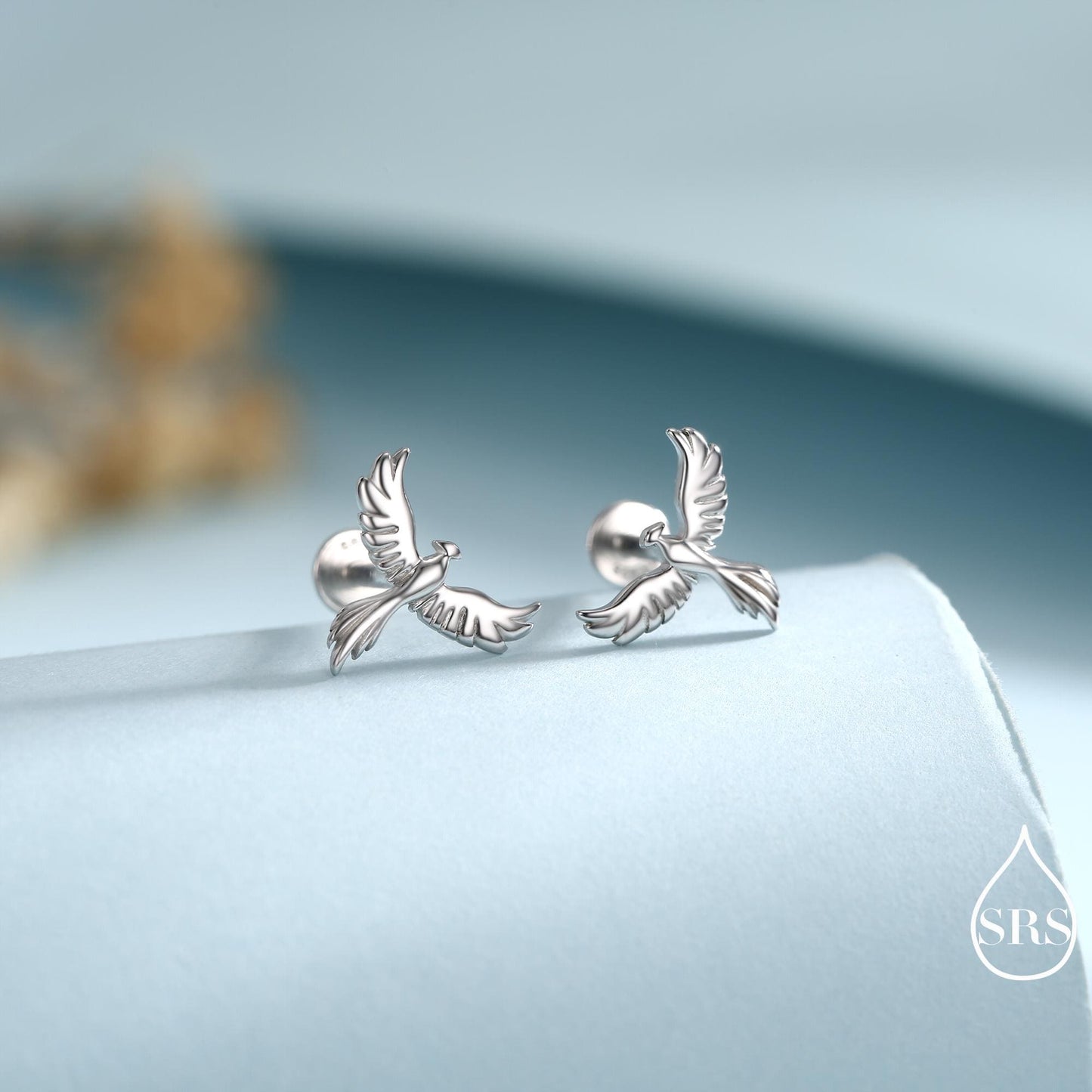 Phoenix Screw Back /Flat Back /Stud Earrings in Sterling Silver, Silver or Gold or Rose Gold Finish, Phoenix Earrings