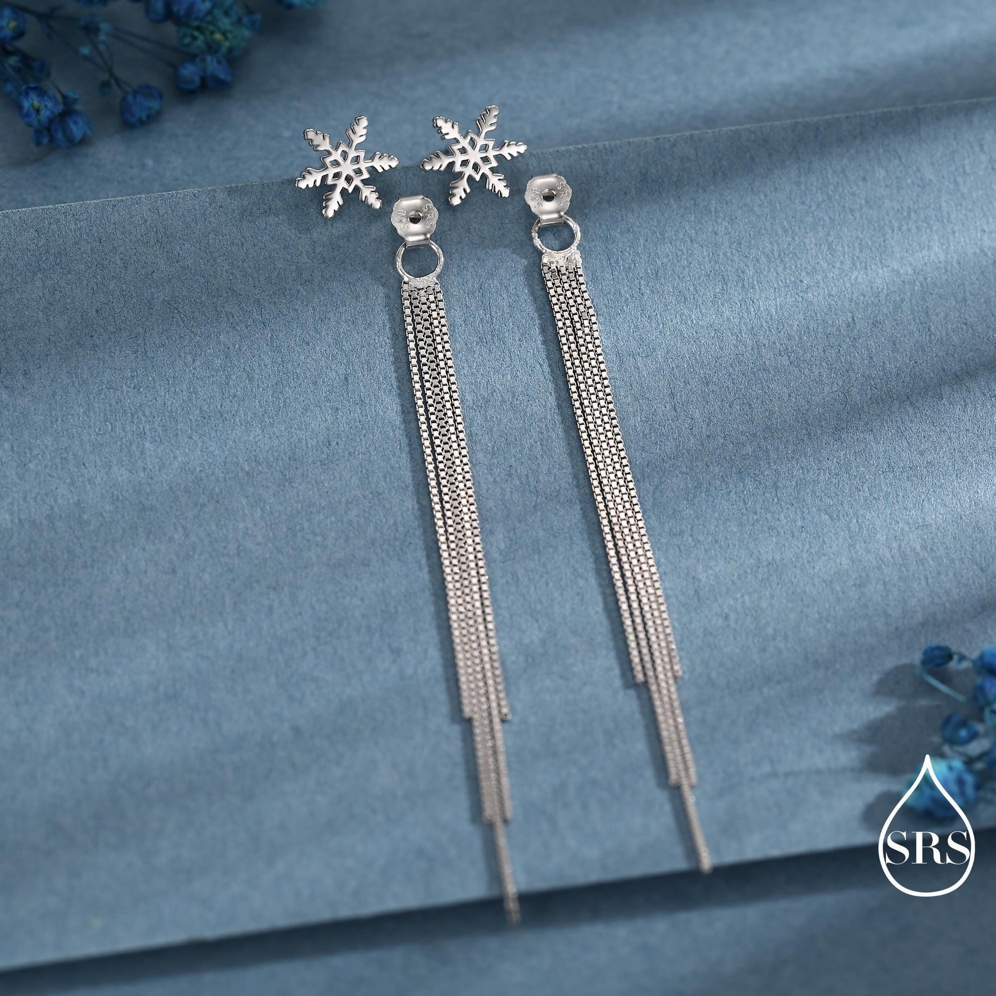 Snowflake Dangle Drop Stud Earrings in Sterling Silver with Tassels, Silver or Gold or Rose Gold, Winter Statement Earrings