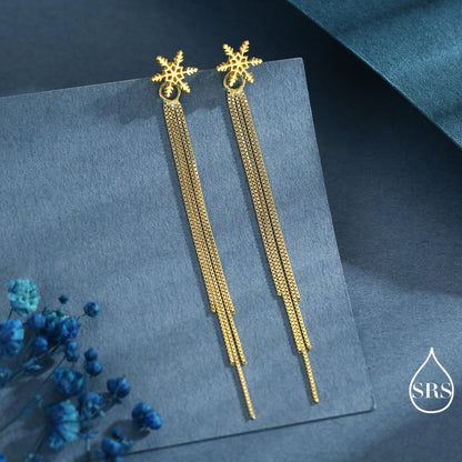 Snowflake Dangle Drop Stud Earrings in Sterling Silver with Tassels, Silver or Gold or Rose Gold, Winter Statement Earrings