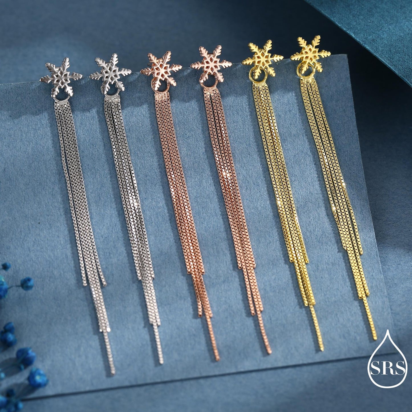 Snowflake Dangle Drop Stud Earrings in Sterling Silver with Tassels, Silver or Gold or Rose Gold, Winter Statement Earrings