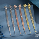 Snowflake Dangle Drop Stud Earrings in Sterling Silver with Tassels, Silver or Gold or Rose Gold, Winter Statement Earrings