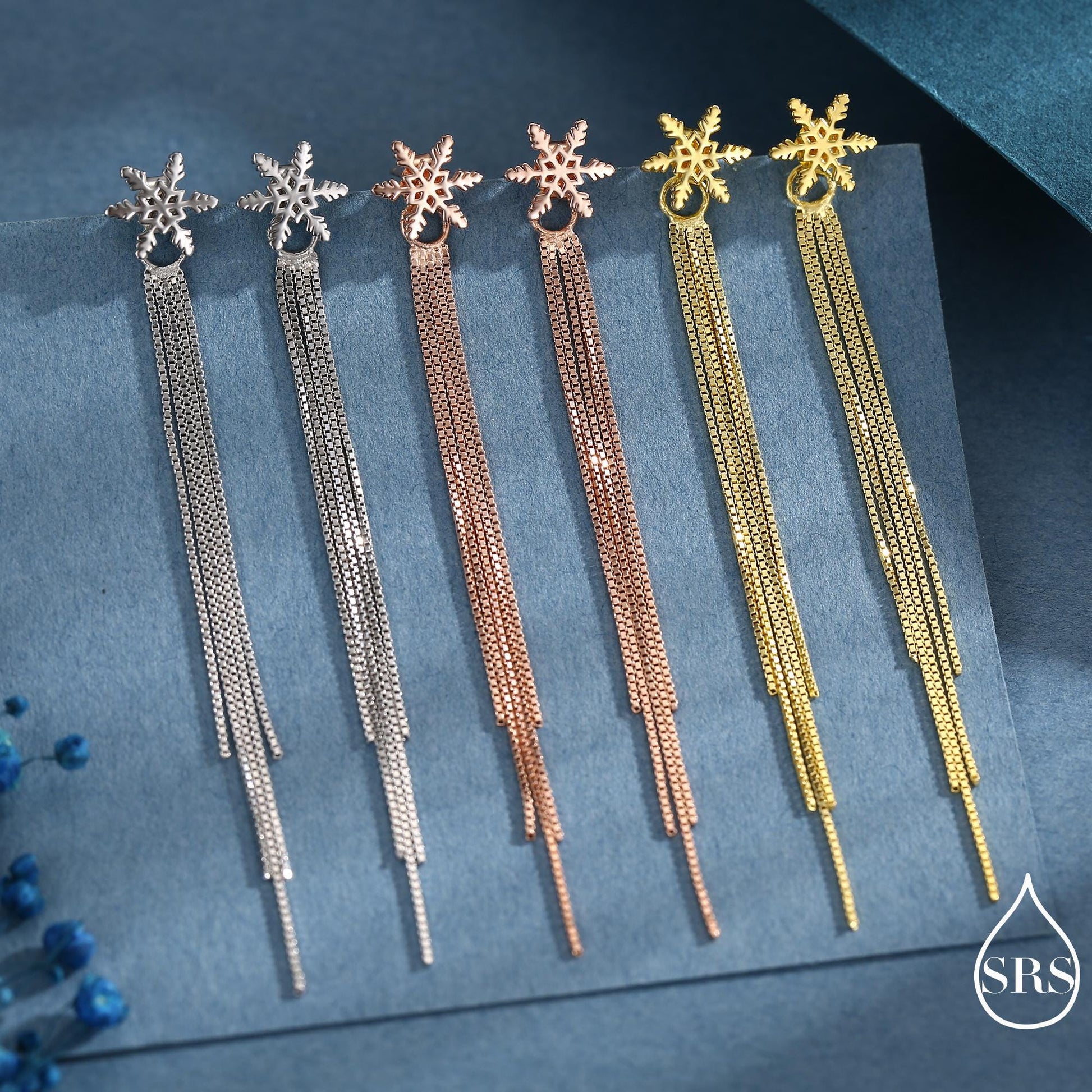 Snowflake Dangle Drop Stud Earrings in Sterling Silver with Tassels, Silver or Gold or Rose Gold, Winter Statement Earrings