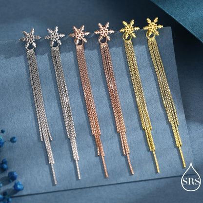 Snowflake Dangle Drop Stud Earrings in Sterling Silver with Tassels, Silver or Gold or Rose Gold, Winter Statement Earrings