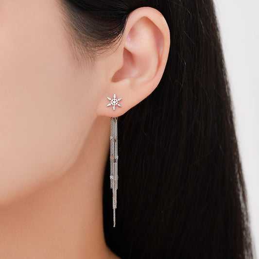 Snowflake Dangle Drop Stud Earrings in Sterling Silver with Sparkle Tassels, Silver or Gold or Rose Gold, Winter Statement Earrings