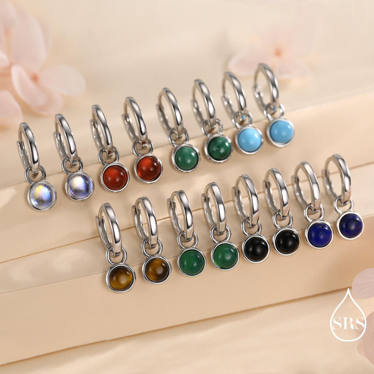 Semi-Precious Gemstone Cabochon Hoop Earrings in Sterling Silver, Detachable Natural Stone Coin Dangle Hoop Earrings, Interchangeable
