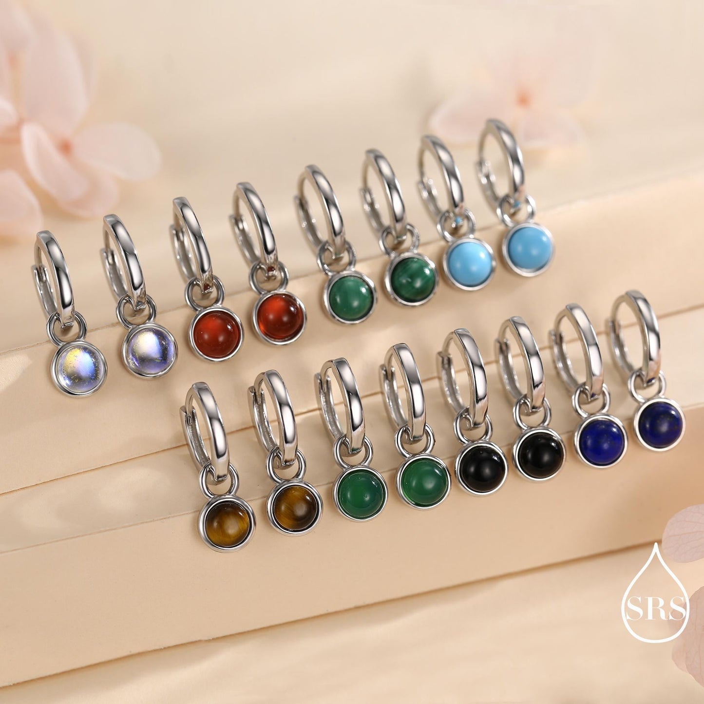 Semi-Precious Gemstone Cabochon Hoop Earrings in Sterling Silver, Detachable Natural Stone Coin Dangle Hoop Earrings, Interchangeable