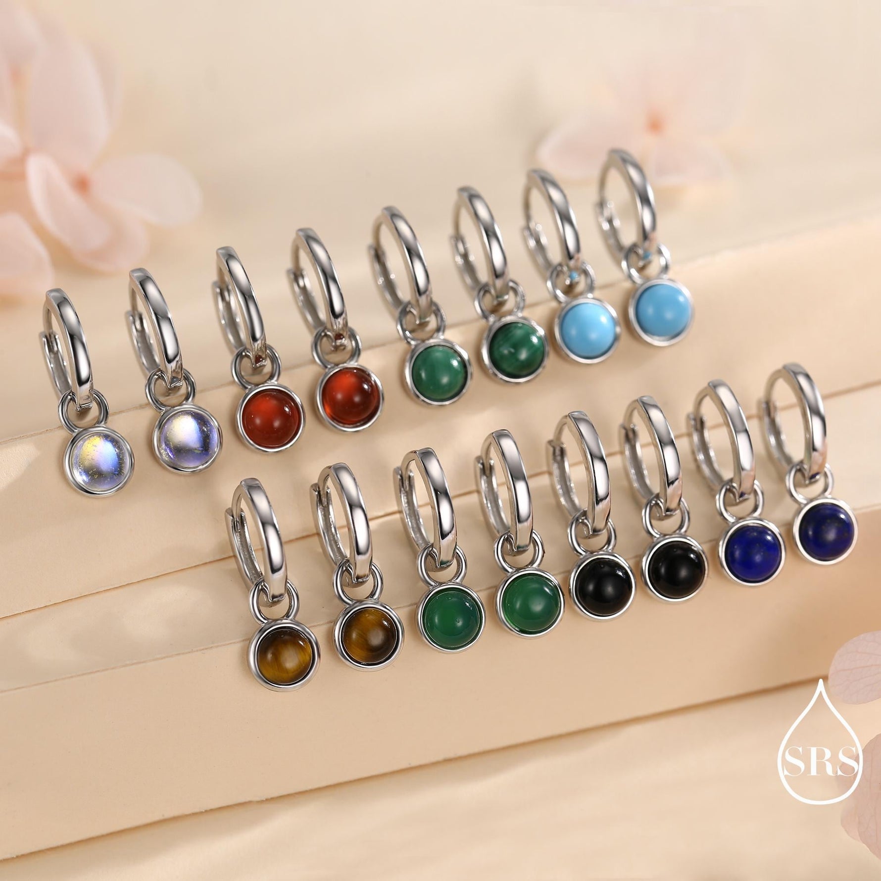 Semi-Precious Gemstone Cabochon Hoop Earrings in Sterling Silver, Detachable Natural Stone Coin Dangle Hoop Earrings, Interchangeable