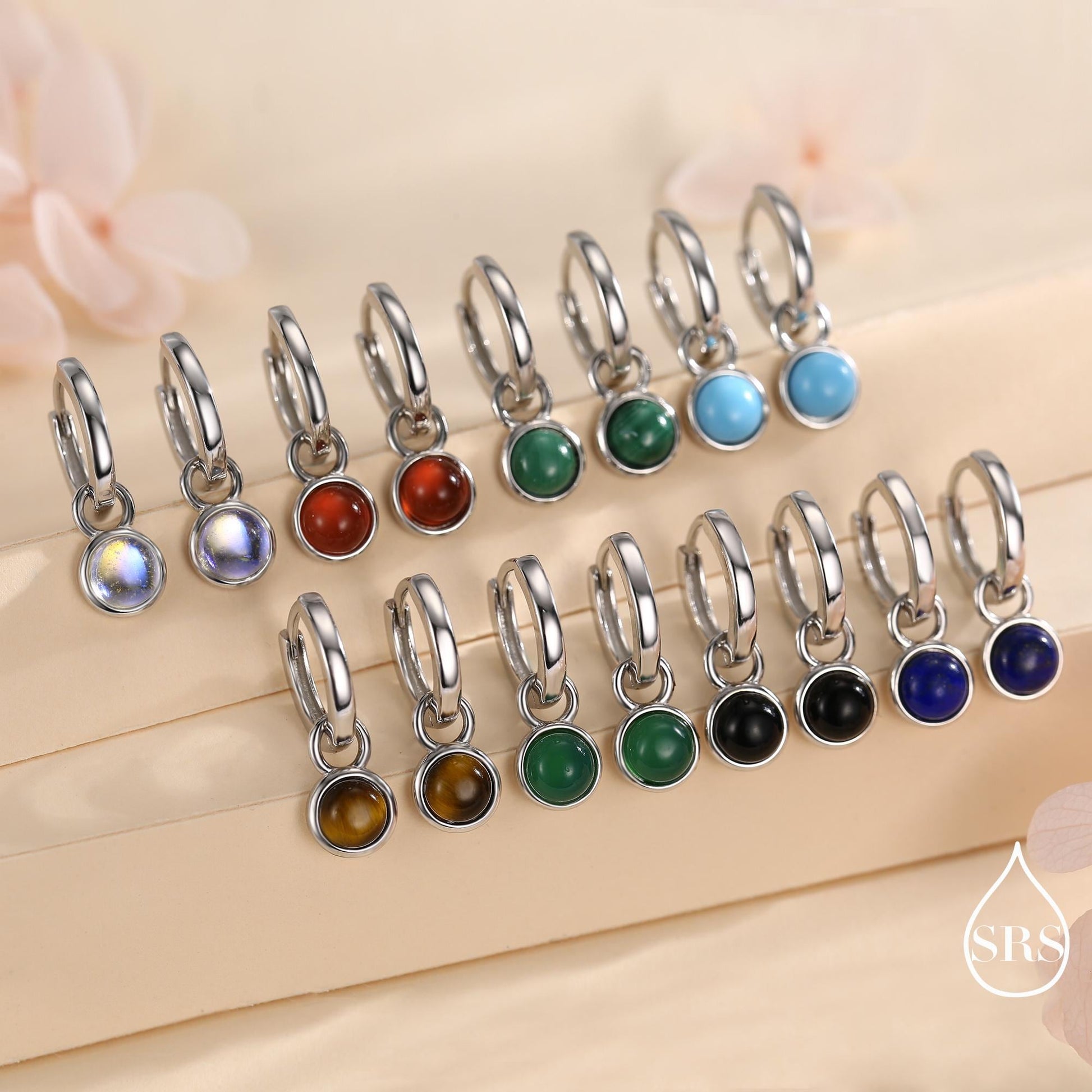 Semi-Precious Gemstone Cabochon Hoop Earrings in Sterling Silver, Detachable Natural Stone Coin Dangle Hoop Earrings, Interchangeable