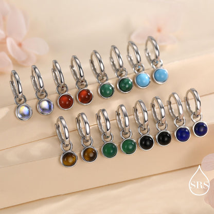 Semi-Precious Gemstone Cabochon Hoop Earrings in Sterling Silver, Detachable Natural Stone Coin Dangle Hoop Earrings, Interchangeable