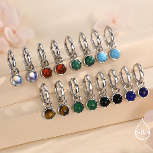 Semi-Precious Gemstone Cabochon Hoop Earrings in Sterling Silver, Detachable Natural Stone Coin Dangle Hoop Earrings, Interchangeable