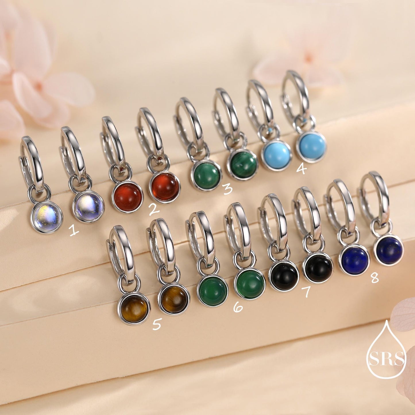 Semi-Precious Gemstone Cabochon Hoop Earrings in Sterling Silver, Detachable Natural Stone Coin Dangle Hoop Earrings, Interchangeable