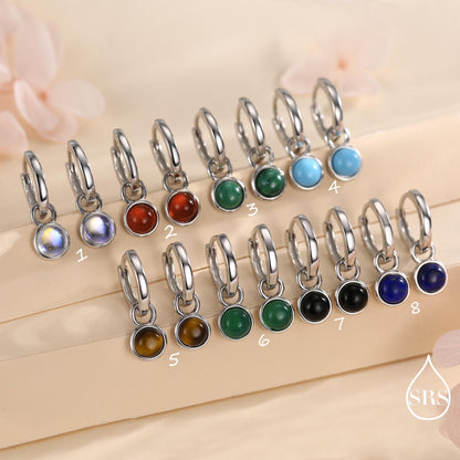 Semi-Precious Gemstone Cabochon Hoop Earrings in Sterling Silver, Detachable Natural Stone Coin Dangle Hoop Earrings, Interchangeable