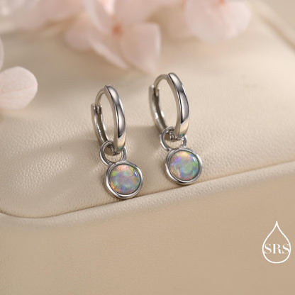 Sterling Silver Dangling Opal Hoop Earrings, Blue Opal Hoops, Detachable Opal Charm Dangle Hoop Earrings, Silver or Gold, Interchangeable