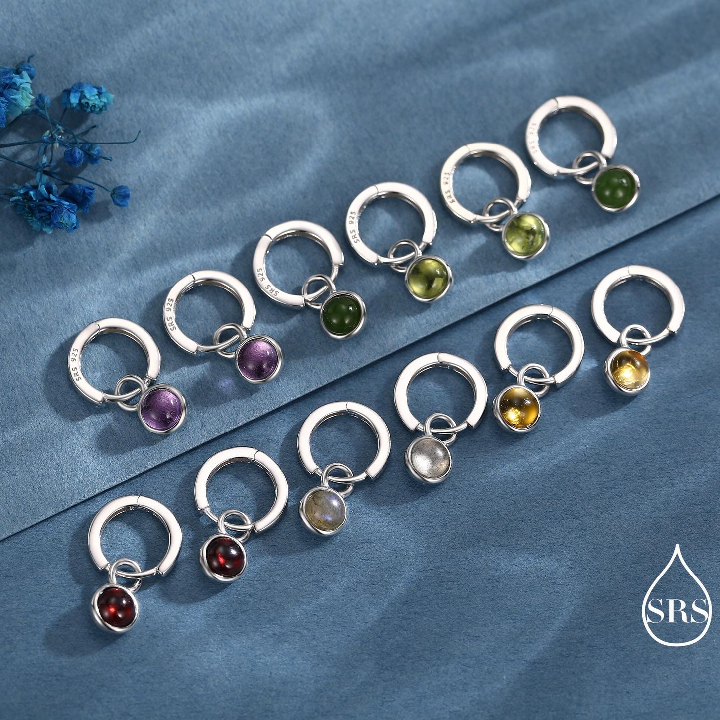 Genuine Gemstone Cabochon Hoop Earrings in Sterling Silver, Detachable Natural Stone Coin Dangle Hoop Earrings, Interchangeable