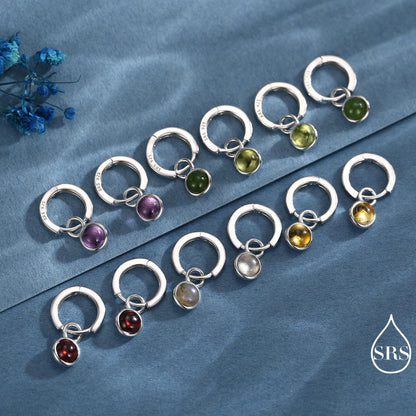 Genuine Gemstone Cabochon Hoop Earrings in Sterling Silver, Detachable Natural Stone Coin Dangle Hoop Earrings, Interchangeable