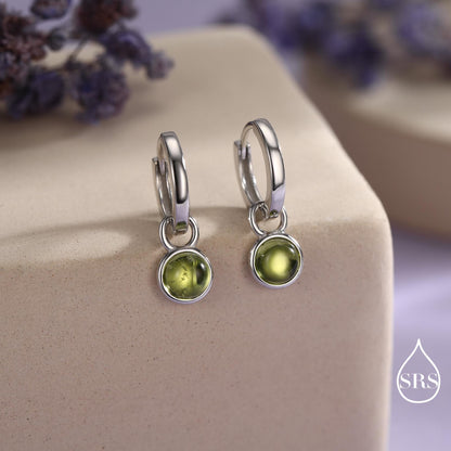 Genuine Gemstone Cabochon Hoop Earrings in Sterling Silver, Detachable Natural Stone Coin Dangle Hoop Earrings, Interchangeable