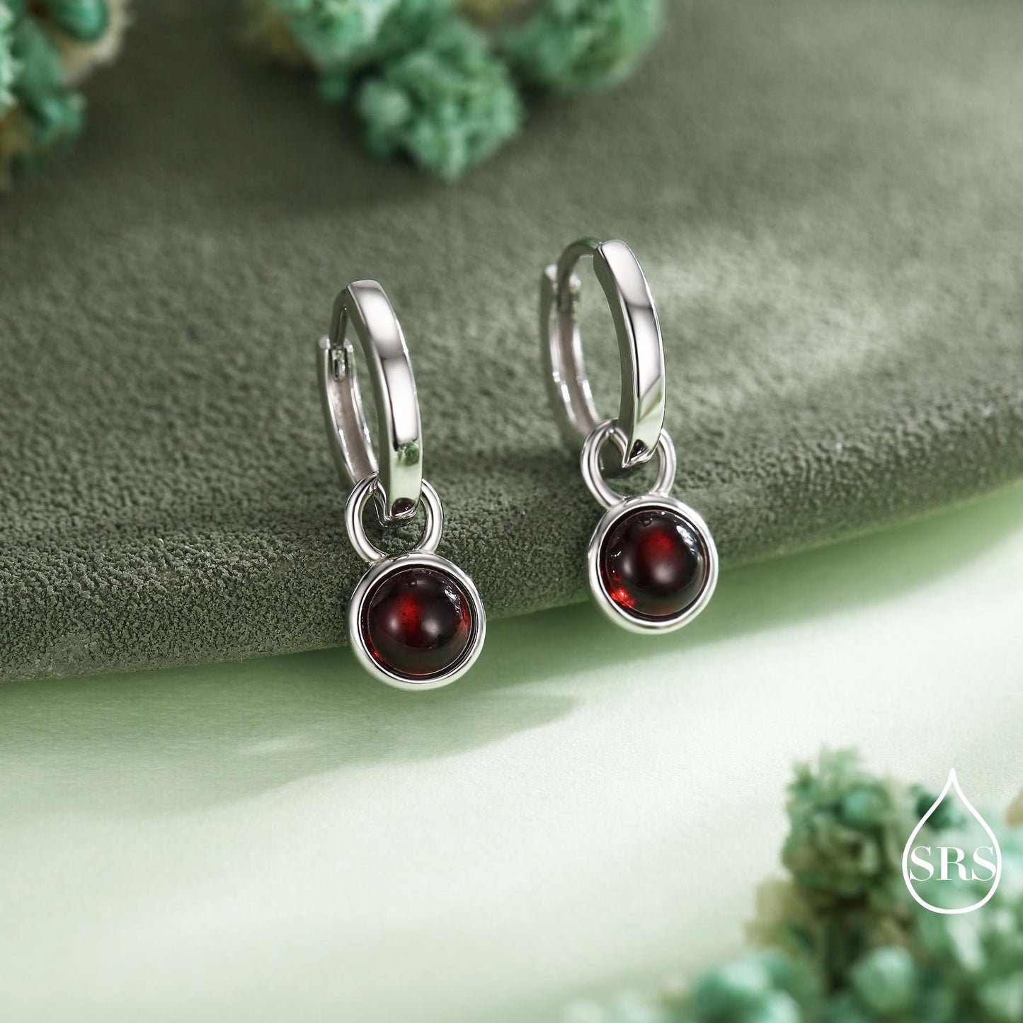 Genuine Gemstone Cabochon Hoop Earrings in Sterling Silver, Detachable Natural Stone Coin Dangle Hoop Earrings, Interchangeable