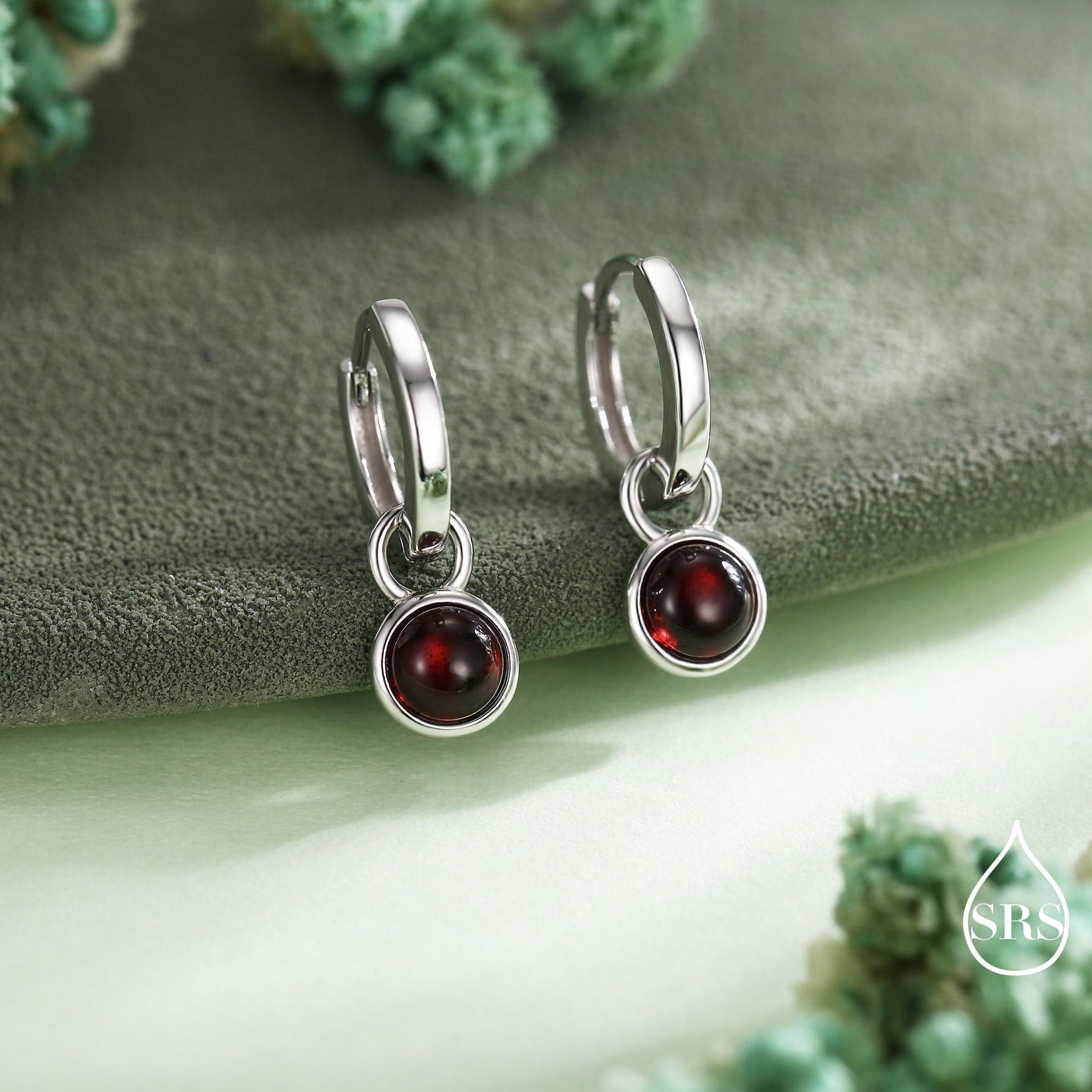 Genuine Gemstone Cabochon Hoop Earrings in Sterling Silver, Detachable Natural Stone Coin Dangle Hoop Earrings, Interchangeable