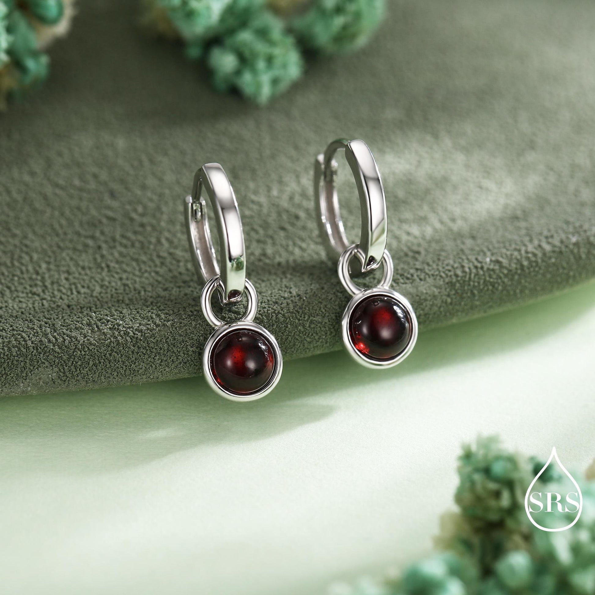 Genuine Gemstone Cabochon Hoop Earrings in Sterling Silver, Detachable Natural Stone Coin Dangle Hoop Earrings, Interchangeable