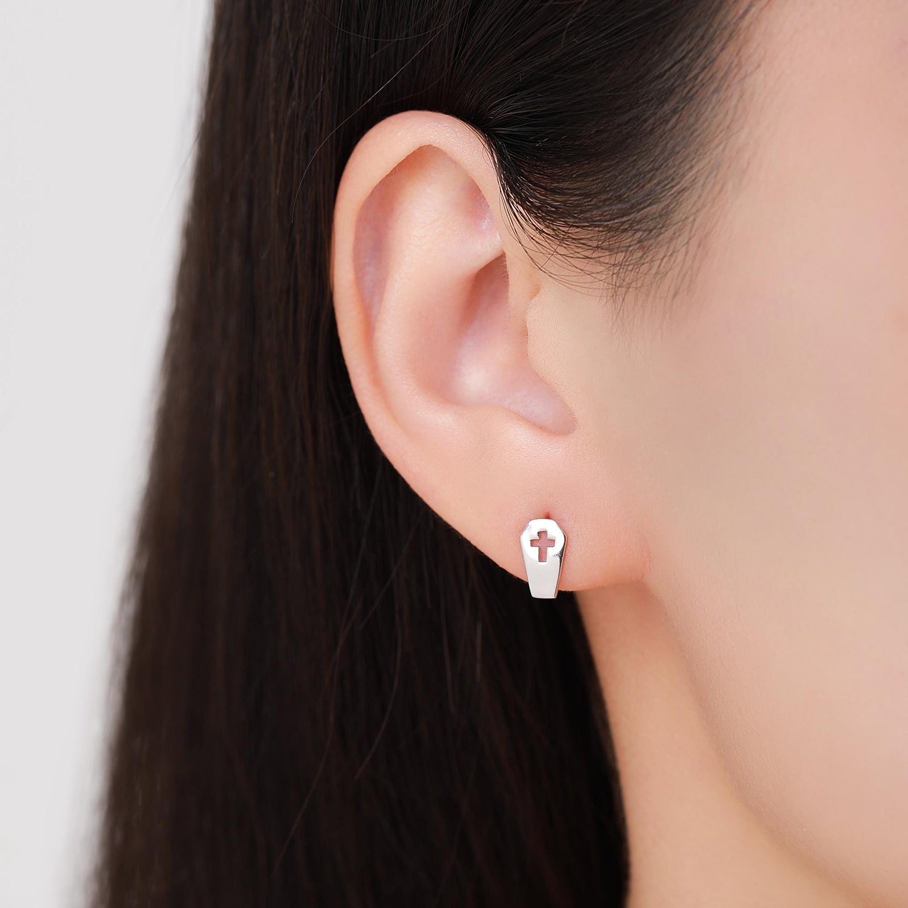 Mismatched Coffin and Bat Stud Earrings in Sterling Silver, Silver or Gold, Asymmetric Bat and Coffin Cross Earrings, Vampire Earrings