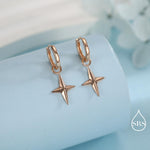 Sterling Silver Chunky Star Huggie Hoop Earrings, Detachable Cross Charm, Cross Dangle Hoop Earrings, Silver, Gold or Rose Gold