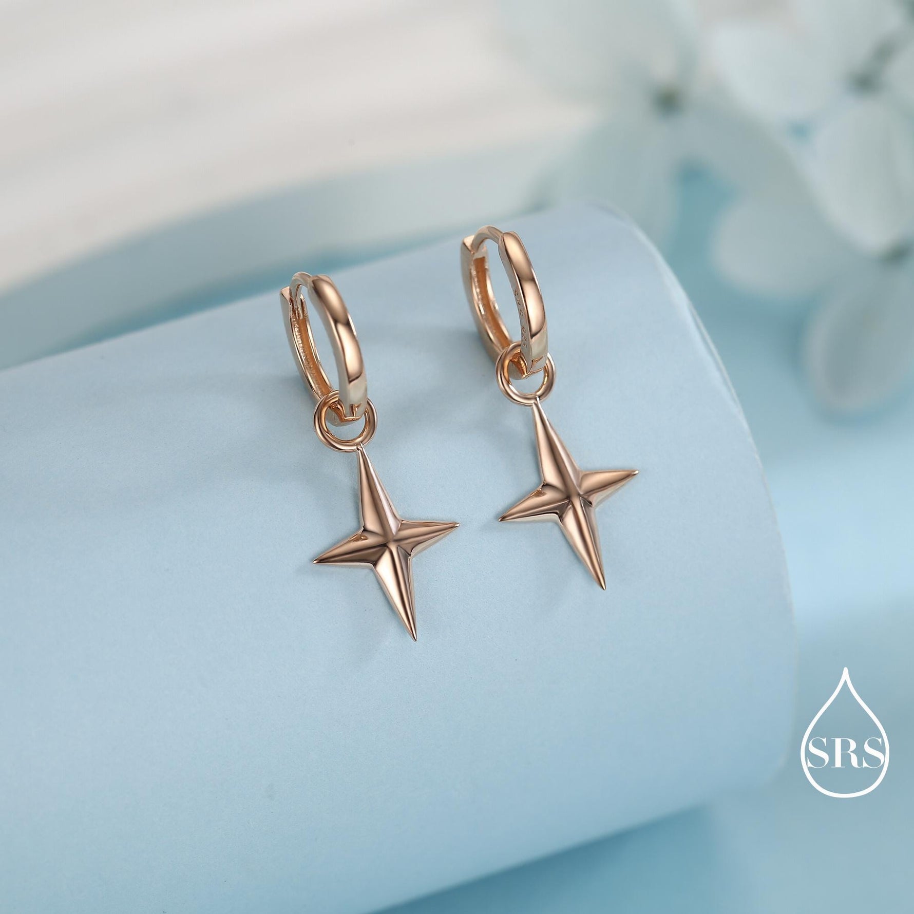 Sterling Silver Chunky Star Huggie Hoop Earrings, Detachable Cross Charm, Cross Dangle Hoop Earrings, Silver, Gold or Rose Gold