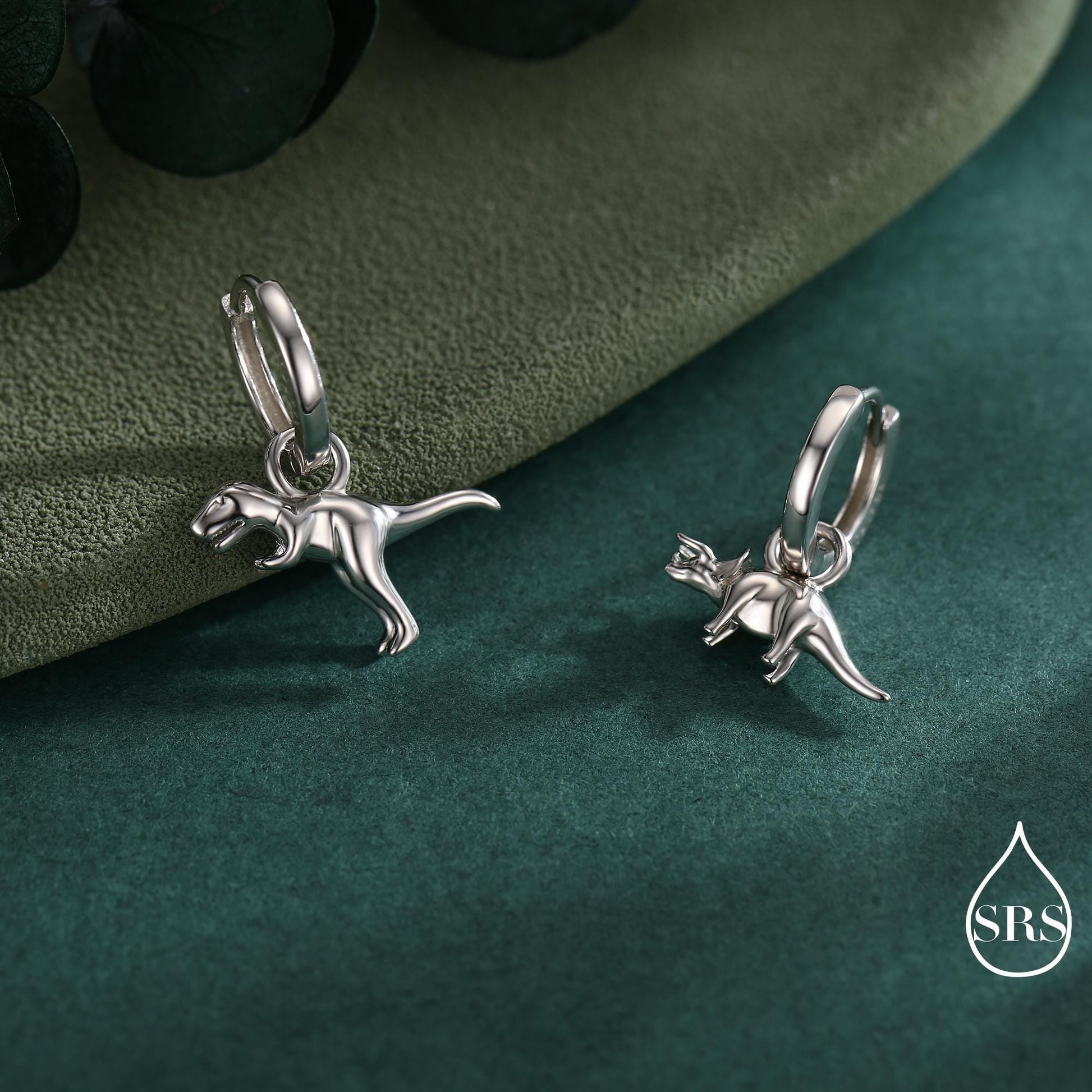 Sterling Silver Mismatched T-Rex and Triceratops Hoop Earrings – Dinosaur Jewellery for Prehistoric Lovers, with Detachable Charms