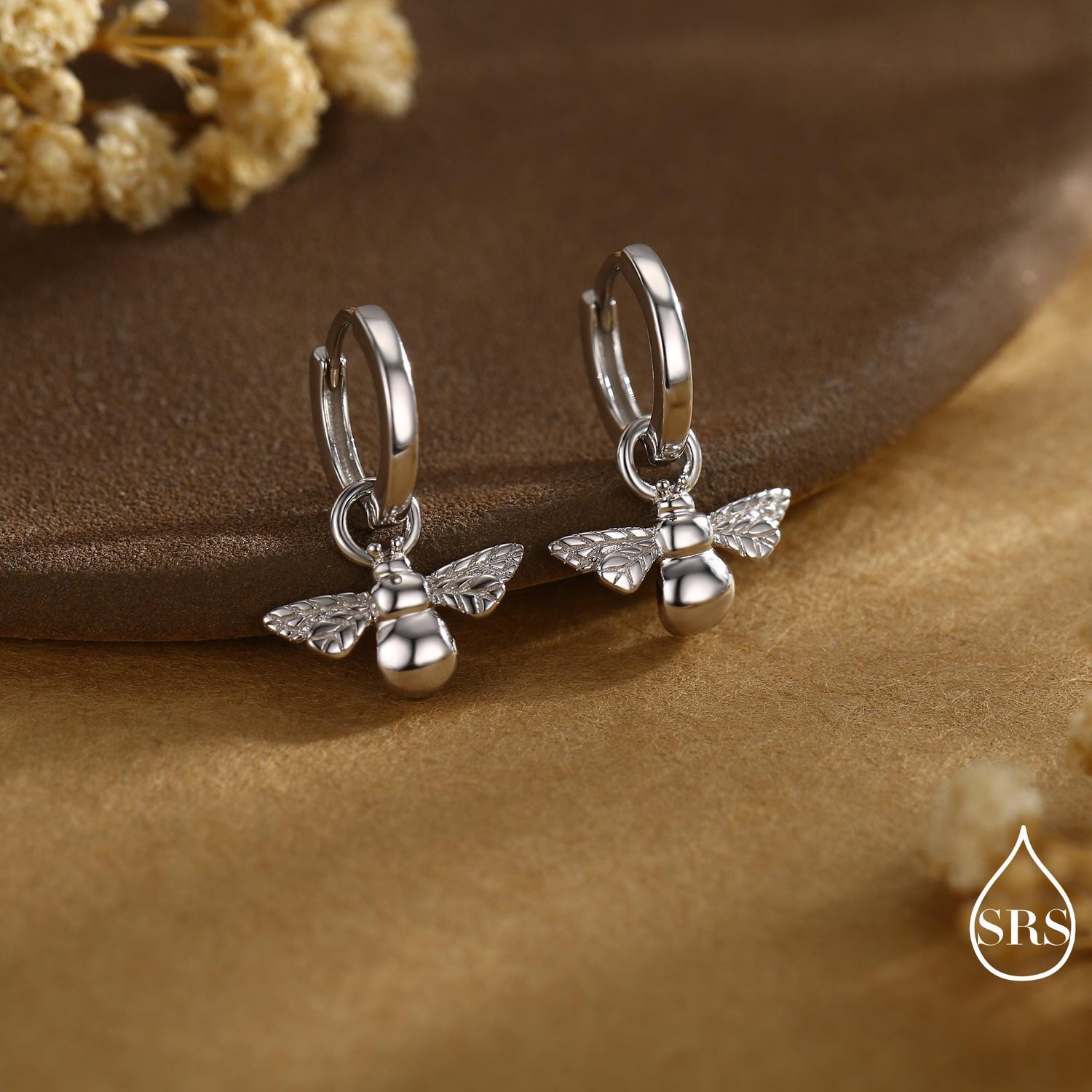 Sterling Silver Dangling Bee Hoop Earrings, Detachable Charm Dangle Hoop Earrings, Silver or Gold, Interchangeable