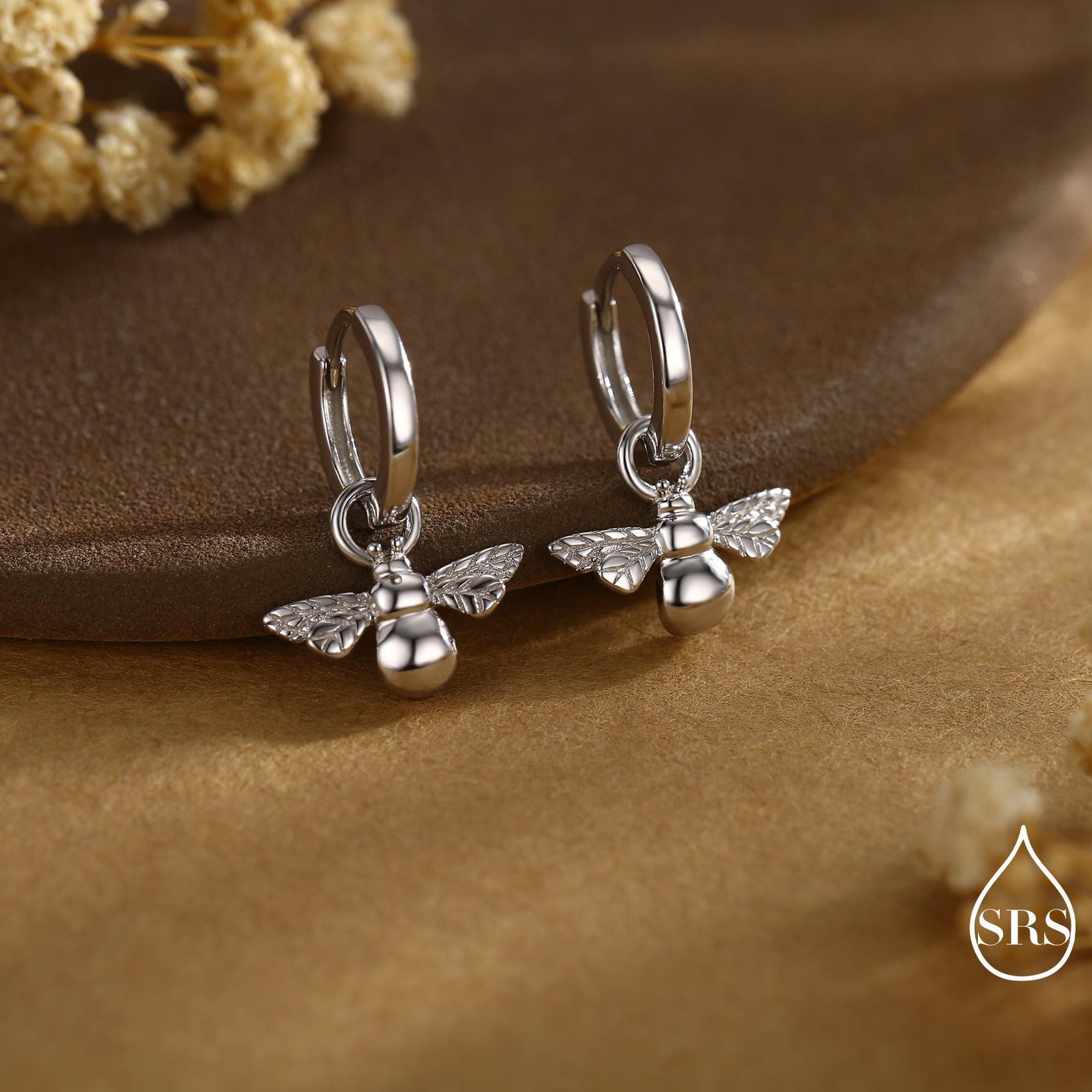 Sterling Silver Dangling Bee Hoop Earrings, Detachable Charm Dangle Hoop Earrings, Silver or Gold, Interchangeable