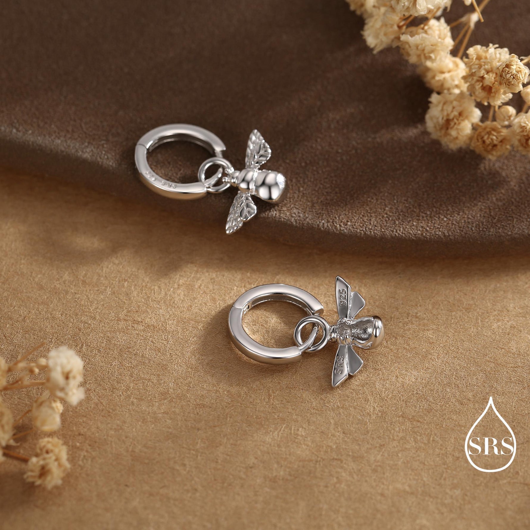 Sterling Silver Dangling Bee Hoop Earrings, Detachable Charm Dangle Hoop Earrings, Silver or Gold, Interchangeable