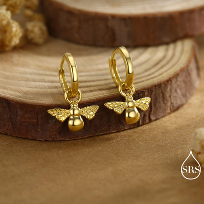 Sterling Silver Dangling Bee Hoop Earrings, Detachable Charm Dangle Hoop Earrings, Silver or Gold, Interchangeable