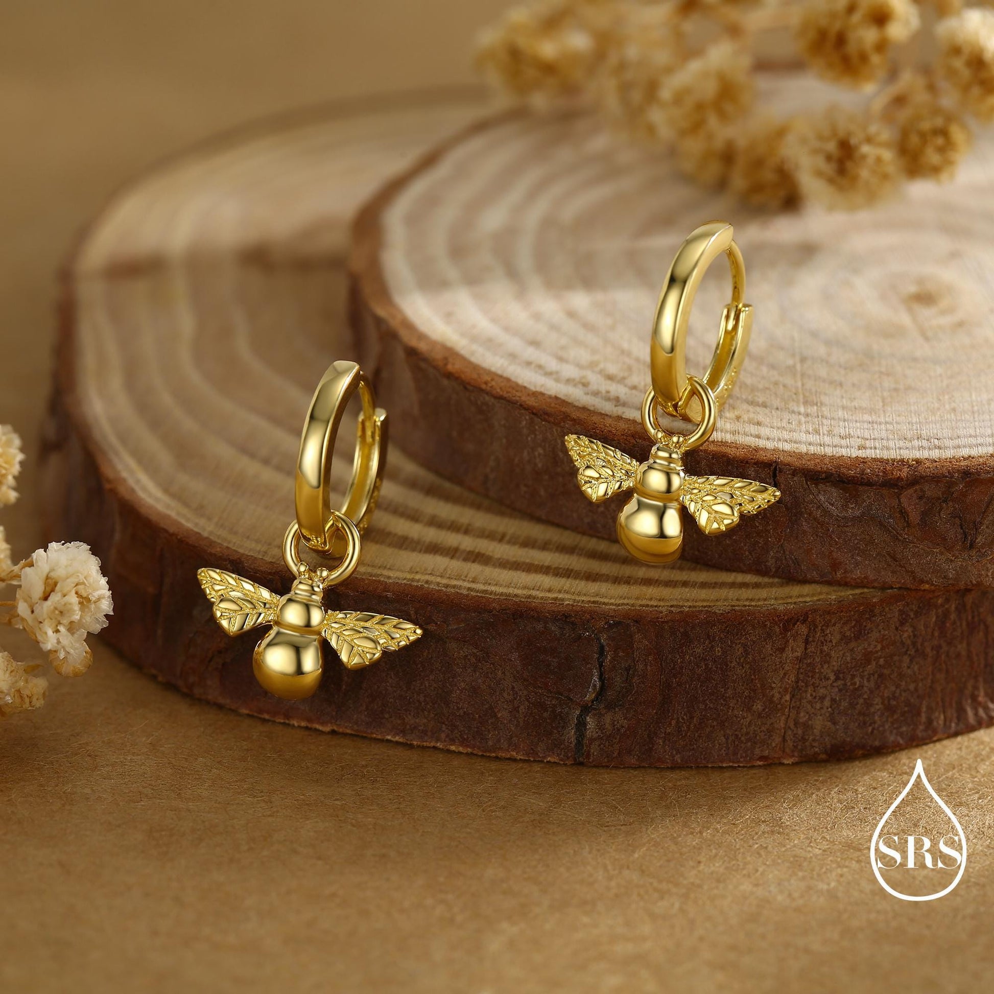 Sterling Silver Dangling Bee Hoop Earrings, Detachable Charm Dangle Hoop Earrings, Silver or Gold, Interchangeable