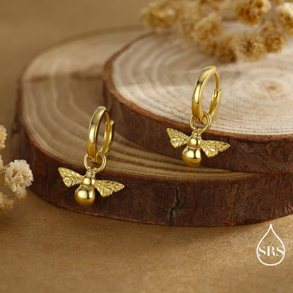 Sterling Silver Dangling Bee Hoop Earrings, Detachable Charm Dangle Hoop Earrings, Silver or Gold, Interchangeable