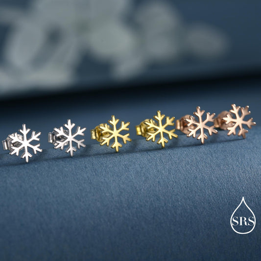 Snowflake Stud Earrings in Sterling Silver, Snow Earrings, Available in Three Finishes - Silver, Gold and Rose Gold, Dainty Snowflake