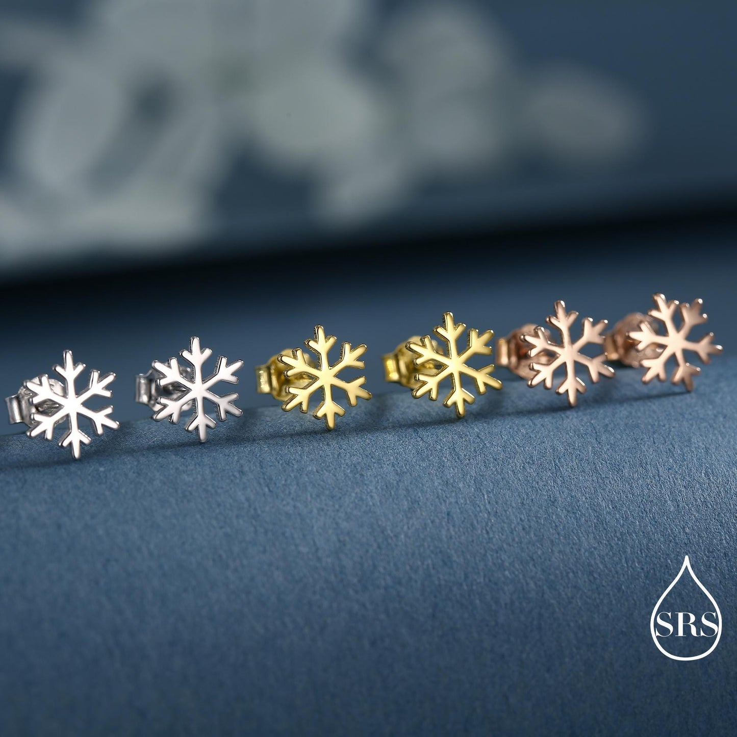 Snowflake Stud Earrings in Sterling Silver, Snow Earrings, Available in Three Finishes - Silver, Gold and Rose Gold, Dainty Snowflake