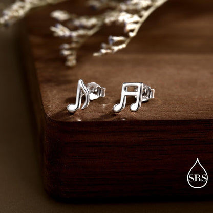 Internally Threaded Music Notes Flat Back Earrings in Sterling Silver, Mismatched Music Symbol Stud Earrings, Fun Earrings for Music Lover