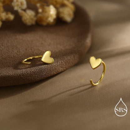 Tiny Heart Huggie Hoop Earrings in Sterling Silver, Silver, Gold or Rose Gold, Dainty Little Heart Open Threader, Threader Hoop Earrings