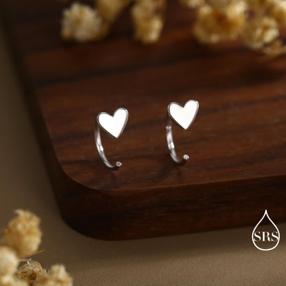 Tiny Heart Huggie Hoop Earrings in Sterling Silver, Silver, Gold or Rose Gold, Dainty Little Heart Open Threader, Threader Hoop Earrings